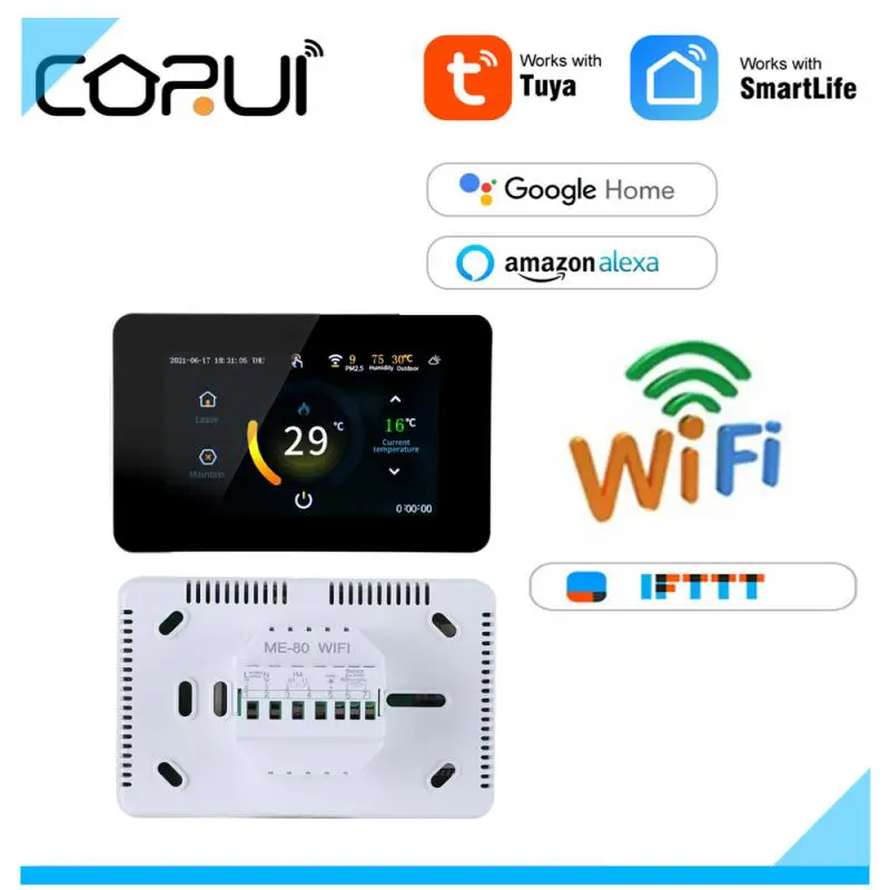 Умный Wi-Fi термостат CORUI Tuya программируемый сенсорный цветной экран PM2.5 прогноз погоды Голосовое управление через приложение Google Alexa
Умный Wi-Fi термостат CORUI Tuya программируемый сенсорный цветной экран PM2.5 прогноз погоды Голосовое управление через приложение Google Alexa