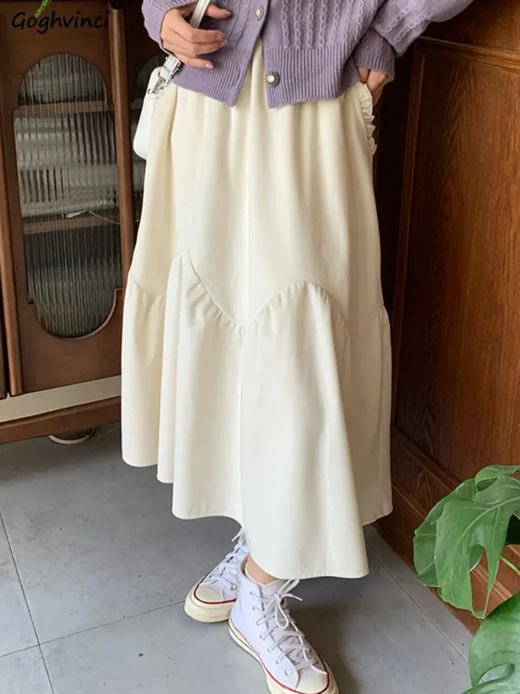 

Юбка женская до середины икры, милая однотонная белая трапециевидная юбка в японском стиле преппи для студентов, повседневная с завышенной талией, на осень