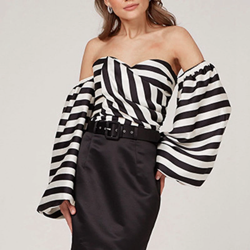 Летний топ в полоску с принтом, Модные свободные топы с длинным рукавом и односторонним воротником 
Летний топ в полоску с принтом, Модные свободные топы с длинным рукавом и односторонним воротником