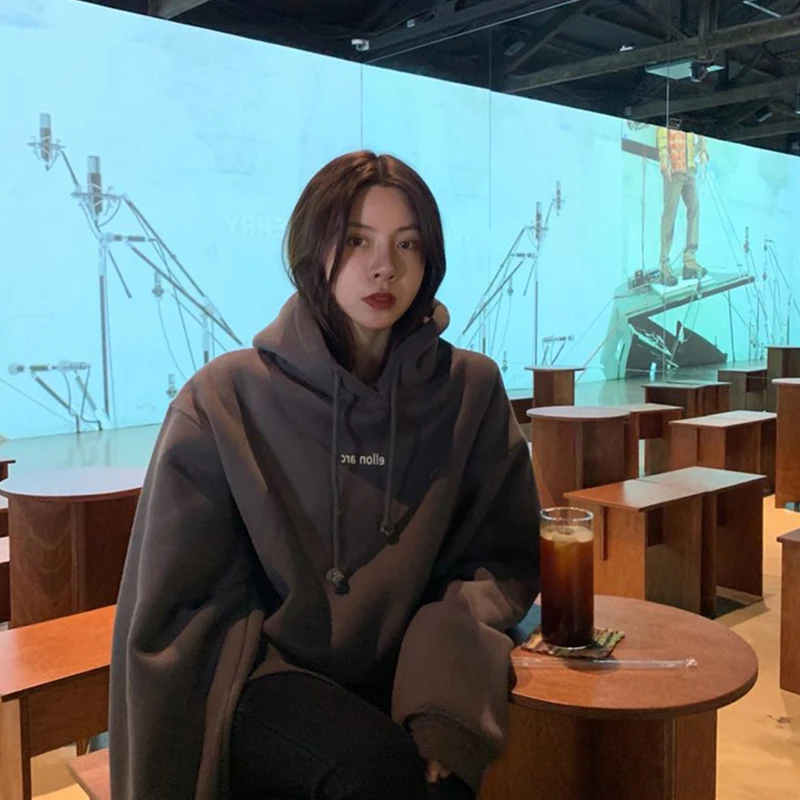 Vintage Dark Grey Hoodie Fleece Thicken Sweatshirt Long Sleeve Fashion Letter Printing Baggy Female Tops Pullover Hoodie Autumn
Vintage Dark Grey Hoodie Fleece Thicken Sweatshirt Long Sleeve Fashion Letter Printing Baggy Female Tops Pullover Hoodie Autumn