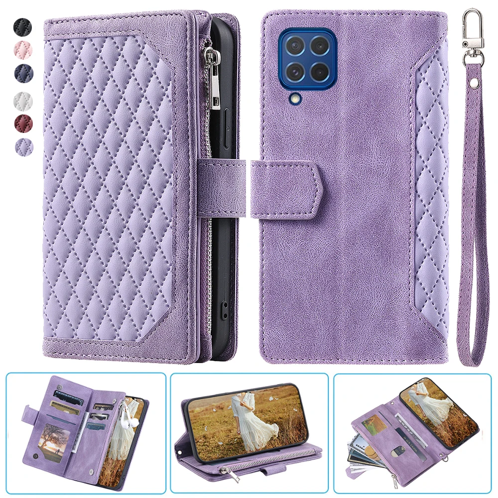 

Samsung Galaxy M62 Fashion Small Fragrance Zipper Wallet Leather Case Flip Cover Multi Card Slots Cover Folio with Wrist Strap