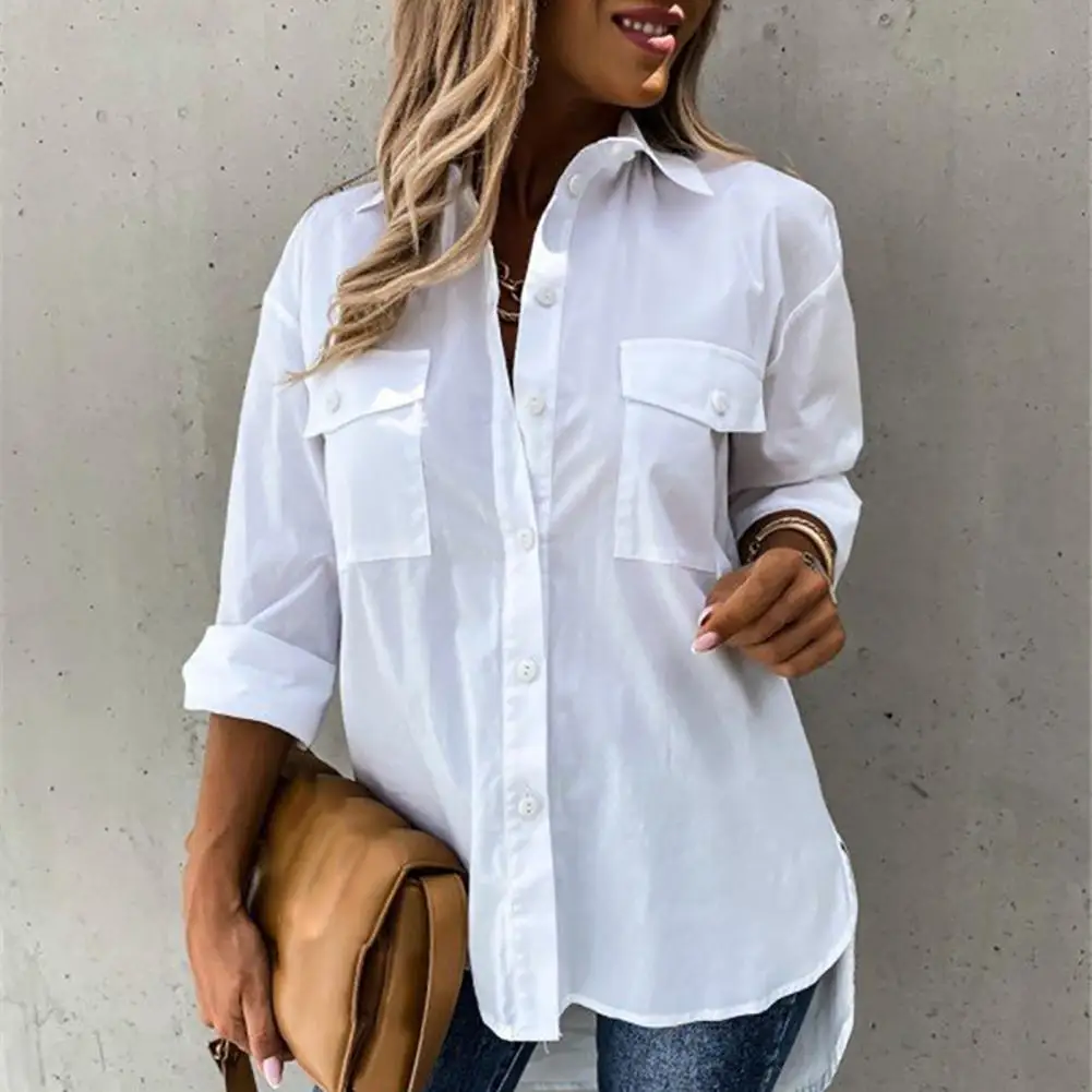 Turn-Down Collar Single Breasted Long Sleeve Flap Pockets Women Shirt High-low Hem Side Split Loose Shirt Female Clothing
Turn-Down Collar Single Breasted Long Sleeve Flap Pockets Women Shirt High-low Hem Side Split Loose Shirt Female Clothing