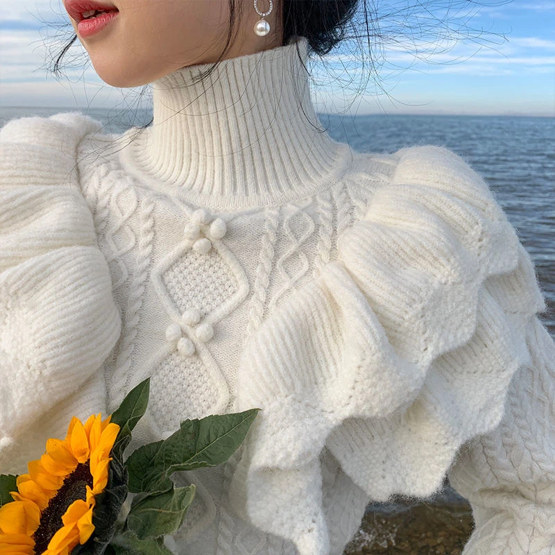 Ruffled Floral White Knitted Sweater Women Vintage Turtleneck Lantern Sleeve Female Elegant Pullovers Chic Retro Knitwear 2021
Ruffled Floral White Knitted Sweater Women Vintage Turtleneck Lantern Sleeve Female Elegant Pullovers Chic Retro Knitwear 2021