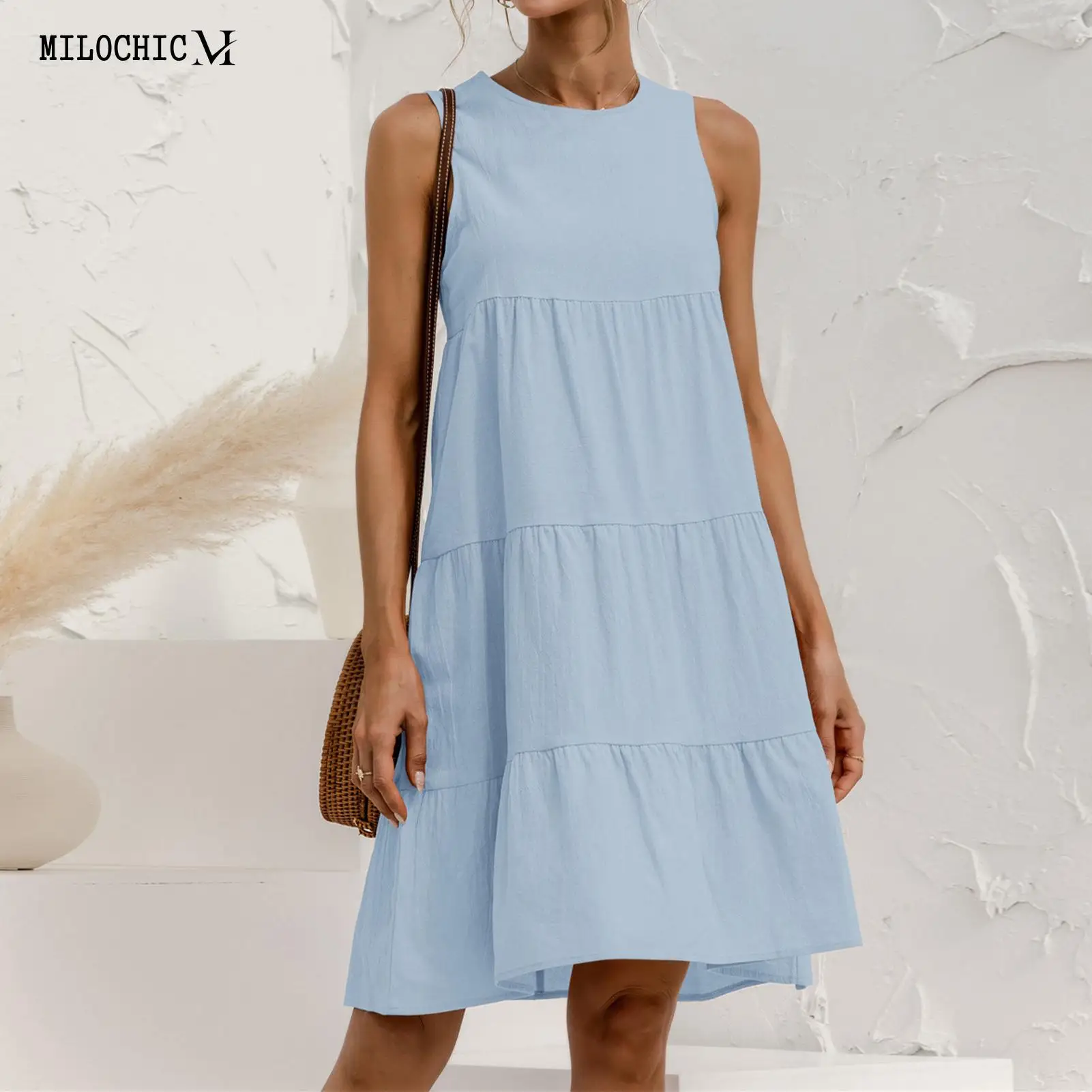 Women Summer Beach Dress Casua Sleeveless Vacation Short Dress Solid Patchwork Dress Crew Neck A Line Pleated Beachwear Outfit
Women Summer Beach Dress Casua Sleeveless Vacation Short Dress Solid Patchwork Dress Crew Neck A Line Pleated Beachwear Outfit