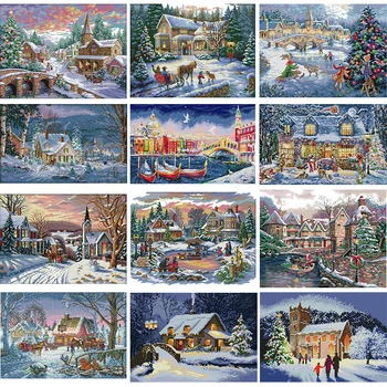 Christmas Series Winter Scenery Cross Stitch Kit Aida 14/11/16 CT Canvas Printed Fabric Embroidery Kit Set DIY Home Decor Gifts