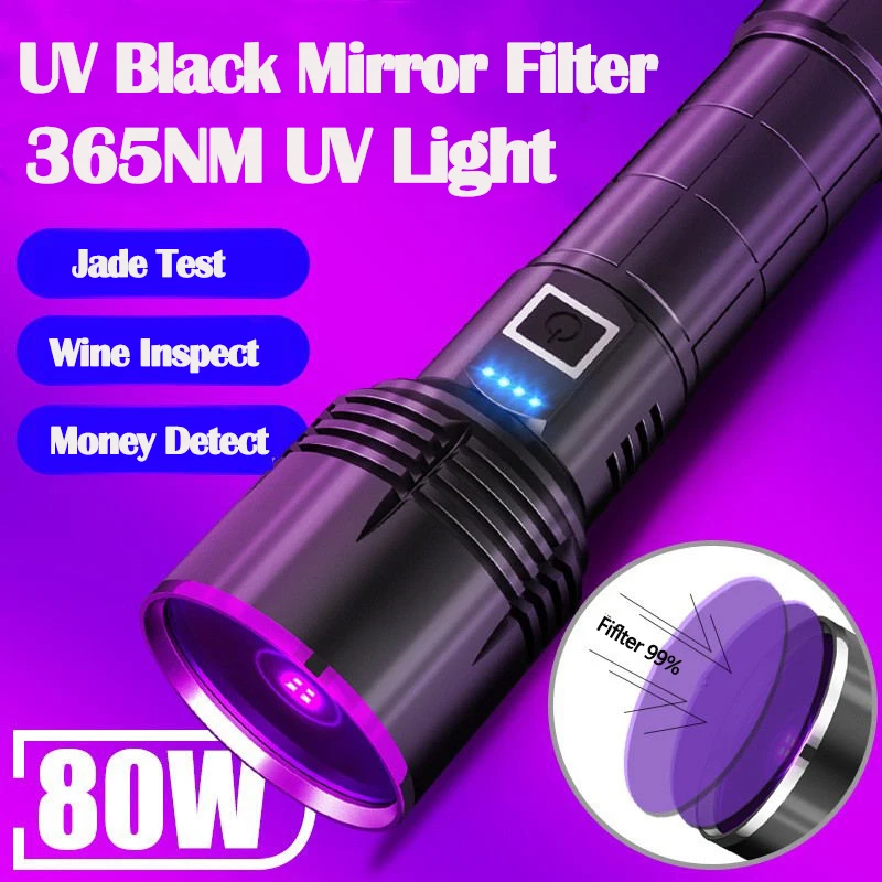 Powerful 80W 4-CORE 365NM UV Flashlight High Power Black Mirror Purple Light Detection Torch Type-C Rechargeable 26650 
Powerful 80W 4-CORE 365NM UV Flashlight High Power Black Mirror Purple Light Detection Torch Type-C Rechargeable 26650