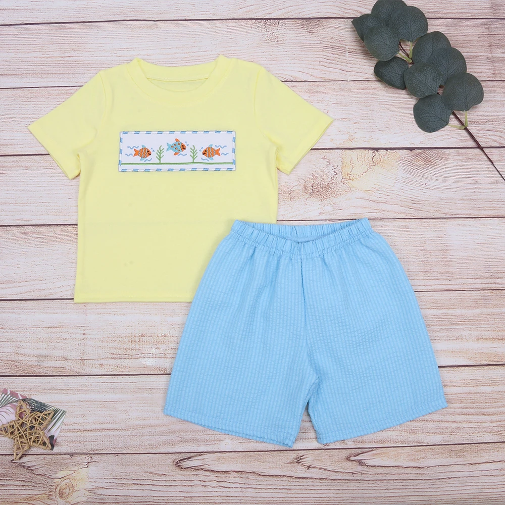 Factory Wholesale/Retail/Custom/ Ready To Ship Boy Set Yellow Top Blue Shorts 2pcs Suit 1-8T Outfit With Pattern Fish Embroidery
Factory Wholesale/Retail/Custom/ Ready To Ship Boy Set Yellow Top Blue Shorts 2pcs Suit 1-8T Outfit With Pattern Fish Embroidery
