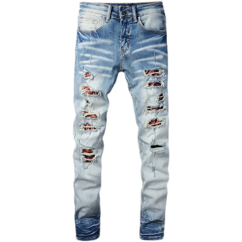 New High street fashion tide brand casual light hole ribbed patch men's jeans washed slim pencil denim pants for men tide 834
New High street fashion tide brand casual light hole ribbed patch men's jeans washed slim pencil denim pants for men tide 834
