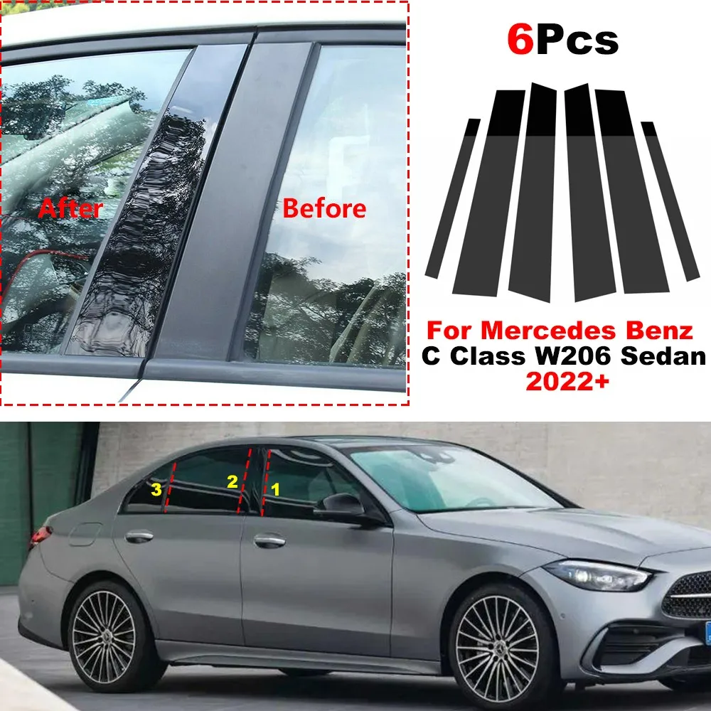 

Carbon Fibe Window Door Column B C Pillar Post Cover Trim For Mercedes Benz C Class W206 Sedan 2022+ Glossy Black Mirror Effect