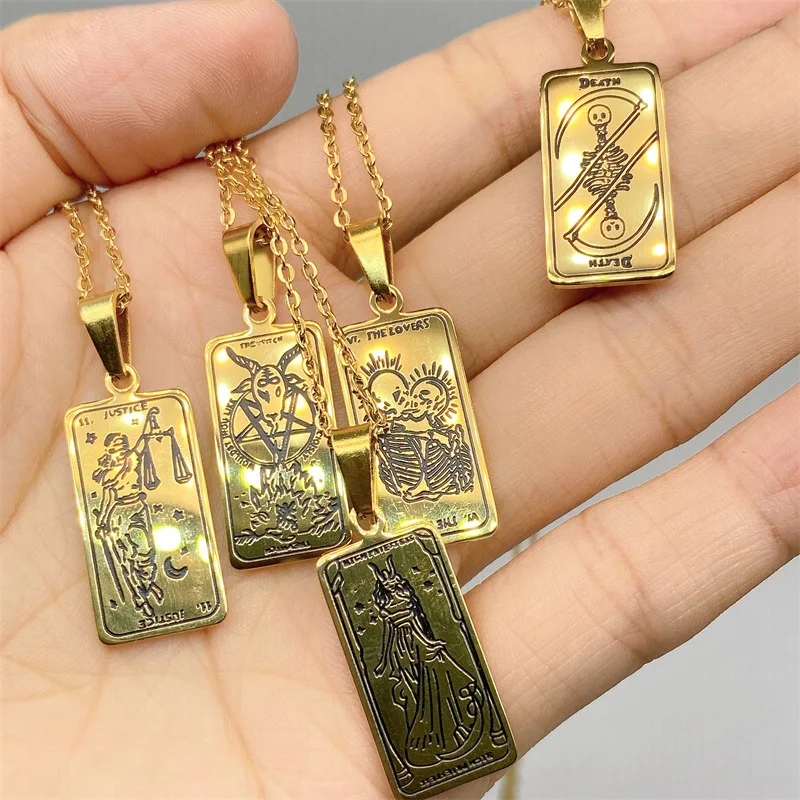 Vintage tarot card square tag necklace priest death justice lover carving Stainless Steel Jewelry
Vintage tarot card square tag necklace priest death justice lover carving Stainless Steel Jewelry