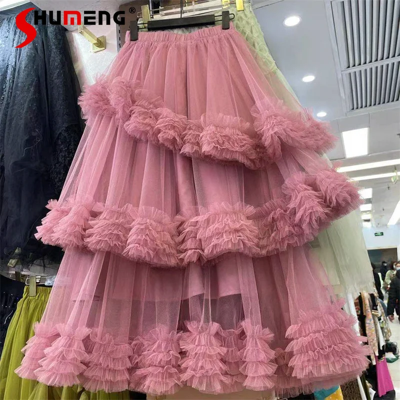 Sweet Pink Elastic Waist Mesh Cake Skirt Women High Waist Ruffles Stitching Holiday Long Skirts 2022 New Summer Pleated Skirt
Sweet Pink Elastic Waist Mesh Cake Skirt Women High Waist Ruffles Stitching Holiday Long Skirts 2022 New Summer Pleated Skirt