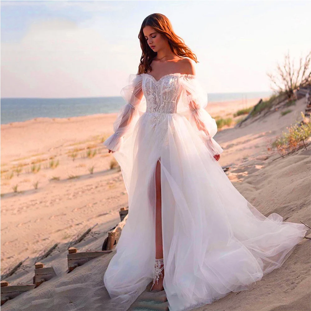 Classic Bride Gowns Sweetheart Full Puff Sleeve Lace Applique Zipper Backless Wedding Dresses Side Split A-Line Vestido De Noiva 
Classic Bride Gowns Sweetheart Full Puff Sleeve Lace Applique Zipper Backless Wedding Dresses Side Split A-Line Vestido De Noiva