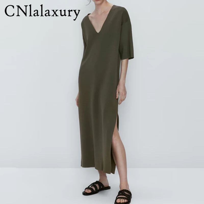 

CNlalaxury Women 2023 New Chic Fashion V Neck Loose Casual Midi Tshirt Dress Short Sleeve Female Party Dresses Robe Mujer
