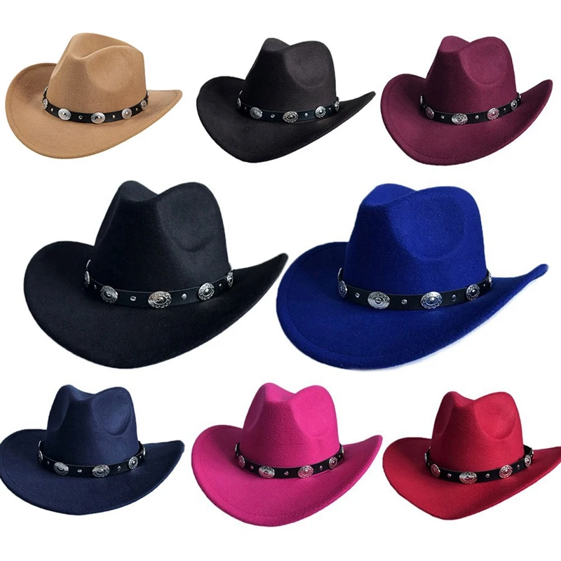 

Шерстяная женская мужская Ковбойская шляпа в западном стиле с широкими полями и ремнем в стиле панк, кепка Cowgirl Jazz из кожи, Мужская кепка сомбреро Toca