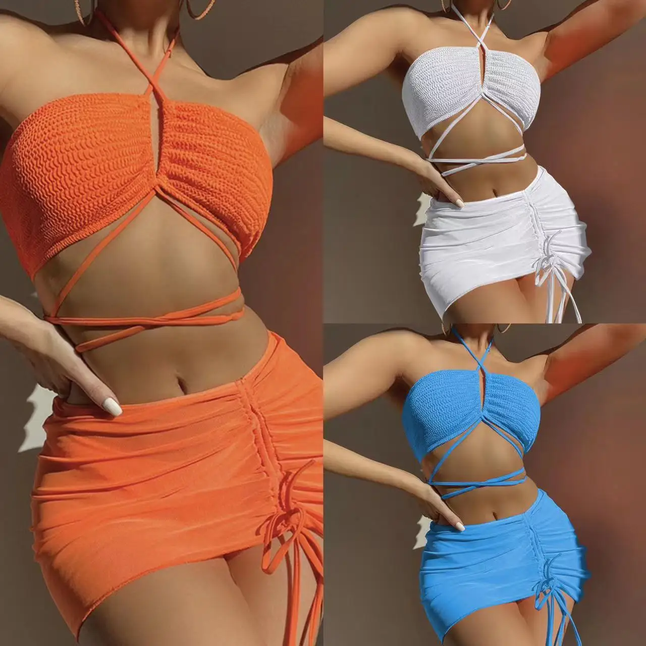 2023 Europe and the United States new fold cloth drawstring strapping net three-piece swimsuit bikini
2023 Europe and the United States new fold cloth drawstring strapping net three-piece swimsuit bikini
