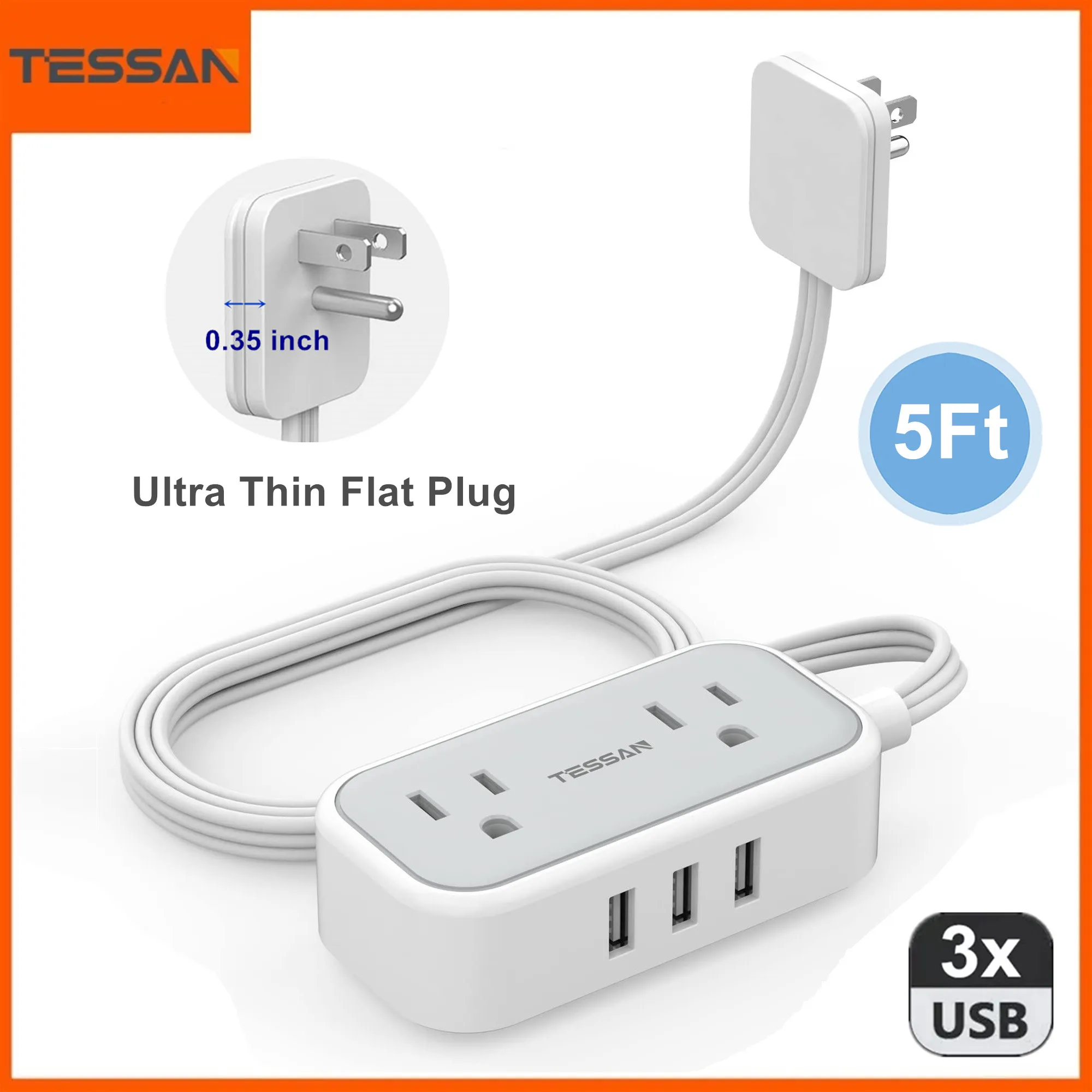 TESSAN Ultra Thin Flat Plug Power Strip with 2 AC Outlets & 3 USB Ports, Mini Power Strip with 1.5m/5ft Extension Cable for Home 
TESSAN Ultra Thin Flat Plug Power Strip with 2 AC Outlets & 3 USB Ports, Mini Power Strip with 1.5m/5ft Extension Cable for Home