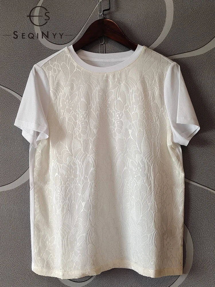 SEQINYY 44% Silk Tee Shirt Summer New Fashion Design Women Runway High Quality Dobby Flowers White Casual Top Loose
SEQINYY 44% Silk Tee Shirt Summer New Fashion Design Women Runway High Quality Dobby Flowers White Casual Top Loose