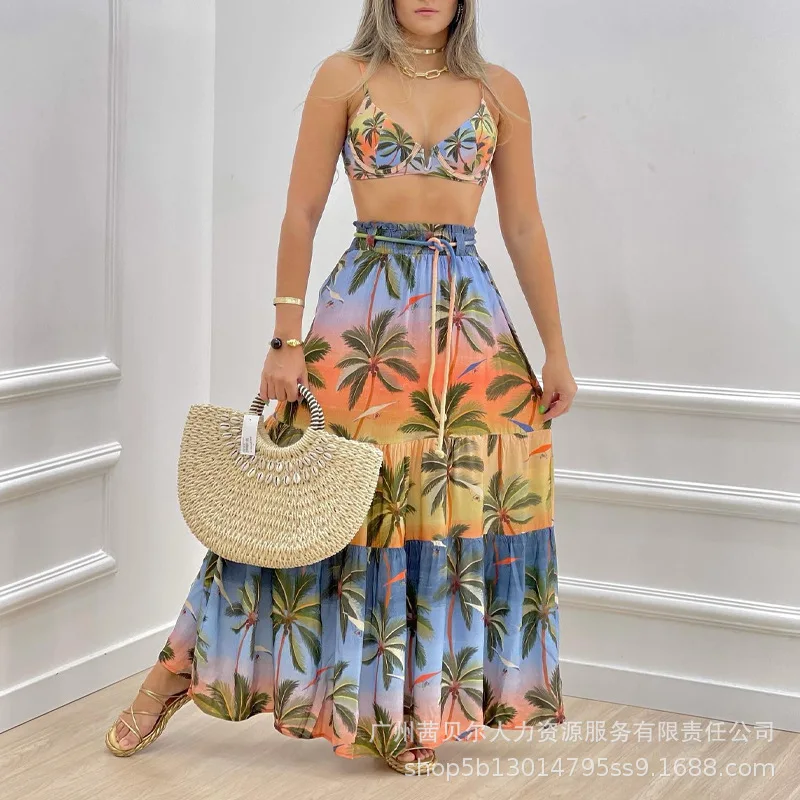 

Women Long Skirt A Line Loose High Waist Sleeveless Palm Tree Print Cami Crop Top & Flared Skirt Set Camis Tanks Tops Summer
