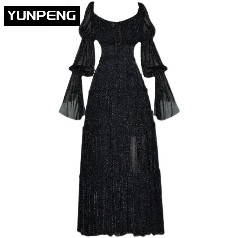 Dress Women's Summer Long Gorgeous Square collar Black Flare Sleeve Elastic waist Dresses For Women 2023 Luxury Evening Party
Dress Women's Summer Long Gorgeous Square collar Black Flare Sleeve Elastic waist Dresses For Women 2023 Luxury Evening Party
