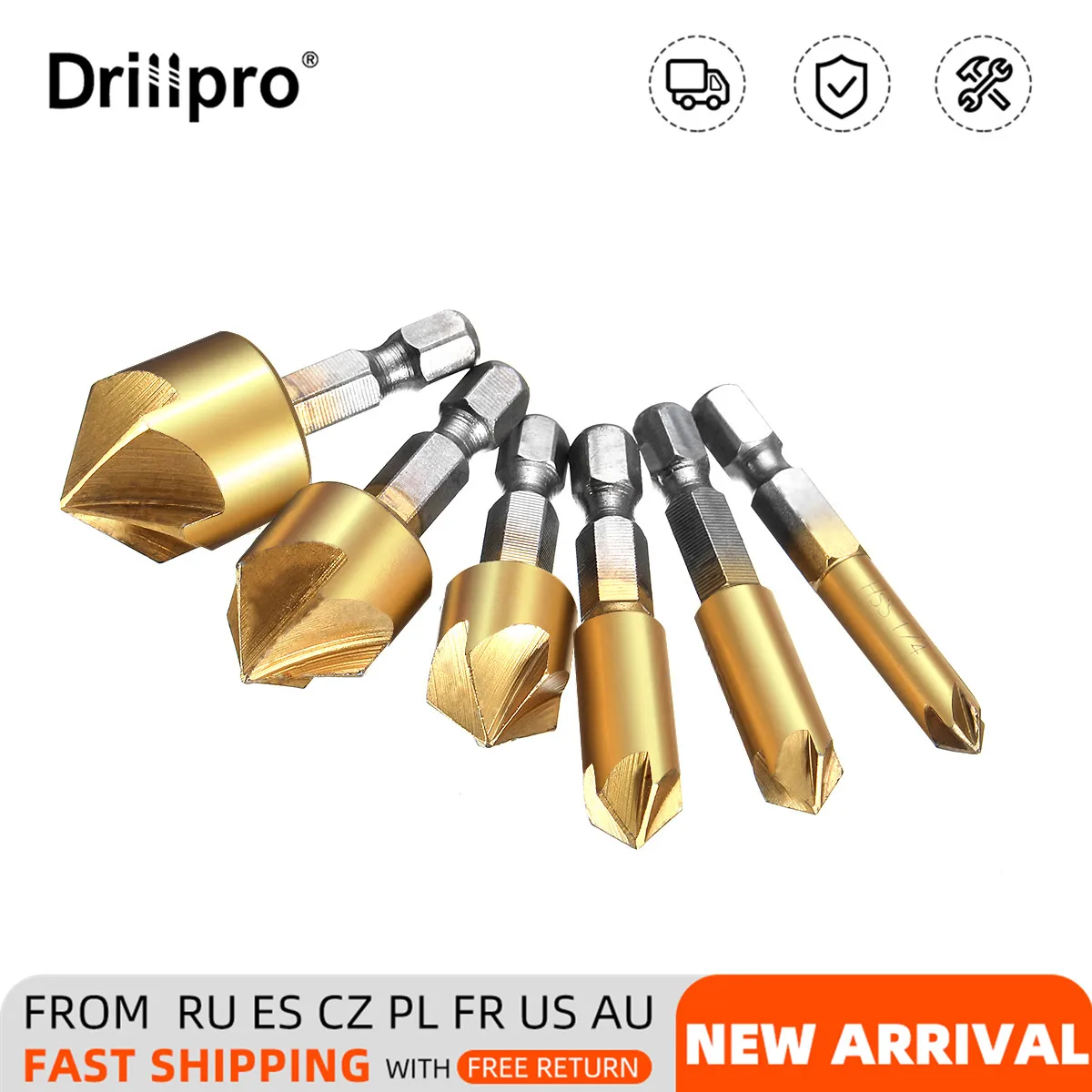 6pcs/set Countersink Drill Bit kit 1/4'' Hex Shank HSS 5 Flute Countersink 90 Degree Wood Chamfering Cutter Chamfer 6mm-19mm
6pcs/set Countersink Drill Bit kit 1/4'' Hex Shank HSS 5 Flute Countersink 90 Degree Wood Chamfering Cutter Chamfer 6mm-19mm