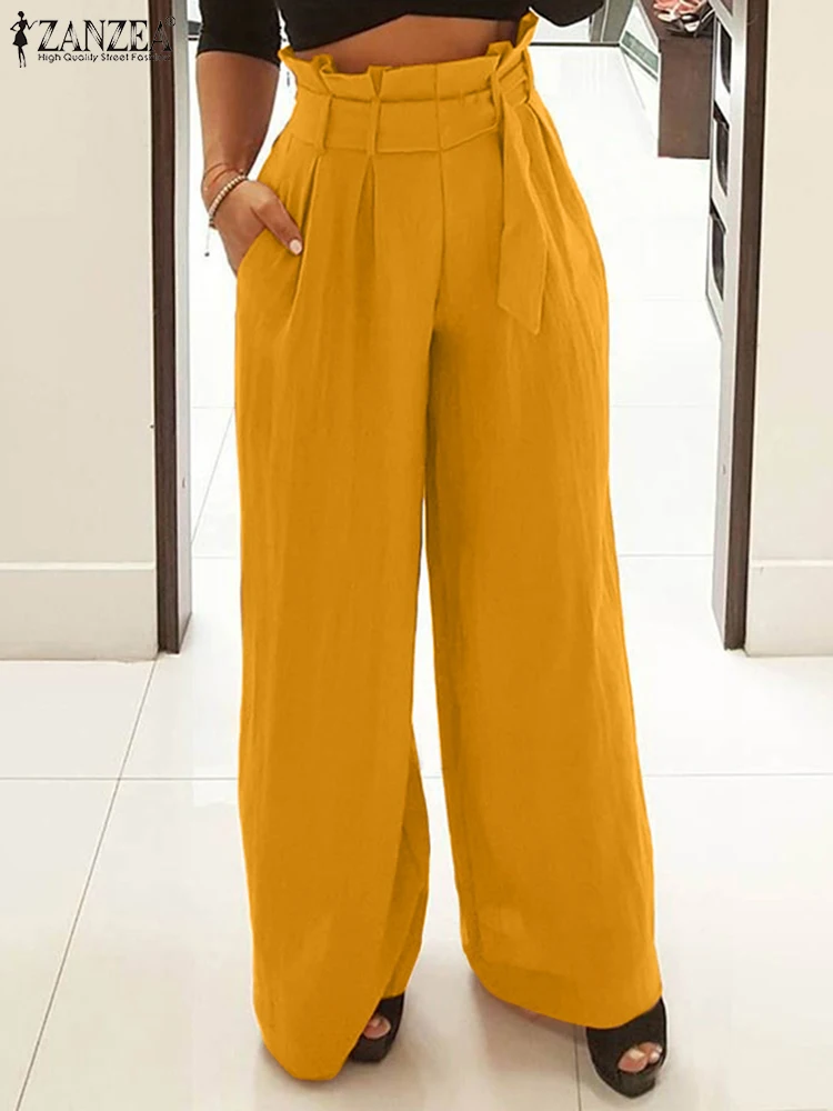

ZANZEA Fashion Wide Leg Pant Women Summer Oversized Solid Trousers 2022 Casual High Waist Palazzo Female OL Belted Long Pantalon