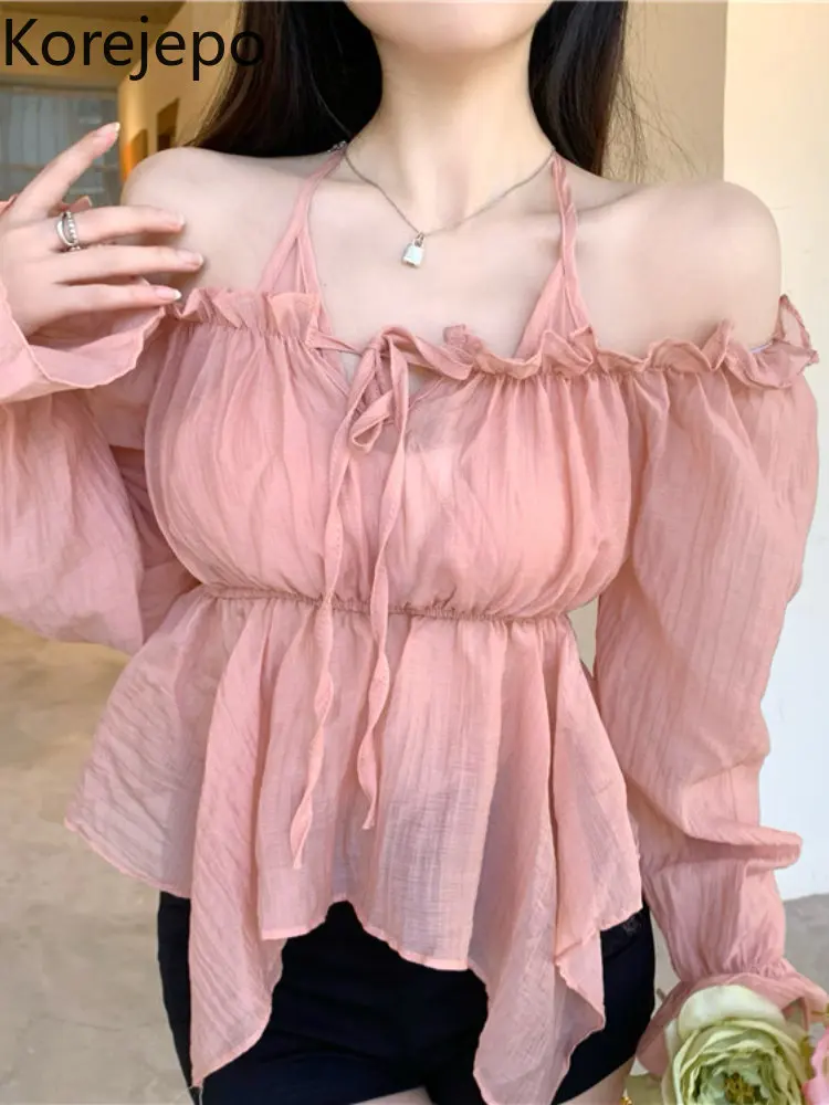 Французские милые пикантные рубашки кореjepo, шифоновая рубашка с открытыми плечами, Женская однотонная облегающая блузка с высокой талией и...
Французские милые пикантные рубашки кореjepo, шифоновая рубашка с открытыми плечами, Женская однотонная облегающая блузка с высокой талией и...