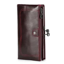 ContactS Long Wallet Women Genuine Leather Metal Frame Credit Card Holder Hasp and Zipper Woman Phone Purse 4 Color