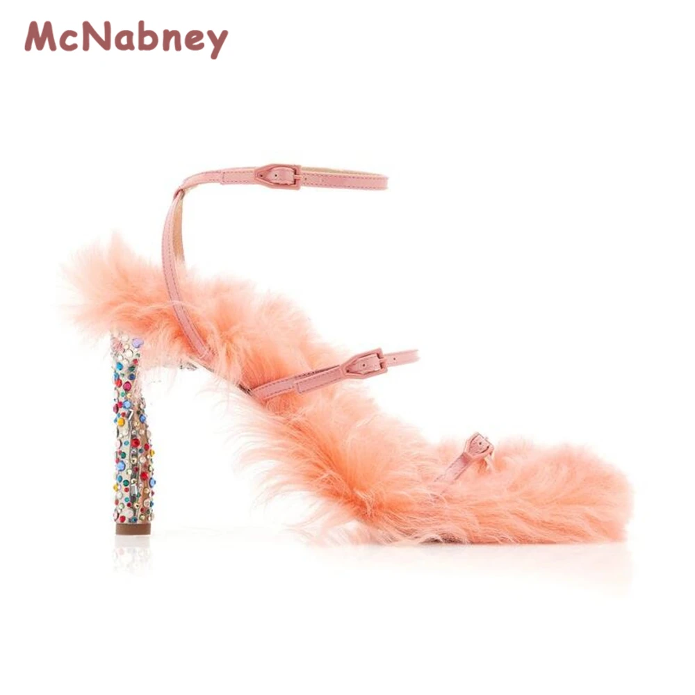 Summer Women Rhinestone Sandals Buckle Strap High Heel Ladies Square Toe Shoes Fluffy Crystal-Embellished Shearling Sandals
Summer Women Rhinestone Sandals Buckle Strap High Heel Ladies Square Toe Shoes Fluffy Crystal-Embellished Shearling Sandals