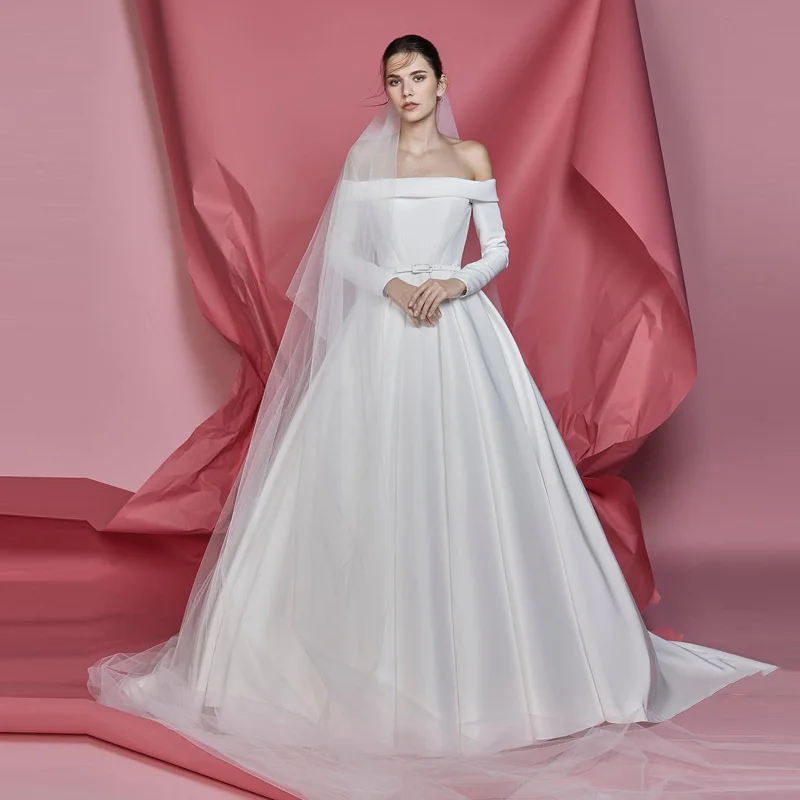Simple Off The Shoulder Slash Satin Wedding Dresses A-Line Court Train Long Prom Brial Dress Zipper Back Vestidos De Novia
Simple Off The Shoulder Slash Satin Wedding Dresses A-Line Court Train Long Prom Brial Dress Zipper Back Vestidos De Novia
