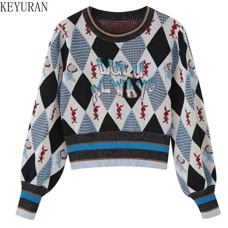 

Vintage Jacquard Argyle Knitted Pullover Sweater Women Fashion O-Neck Long Sleeve Knitwear Tops Jumper Sueter Mujer Y2k Clothes