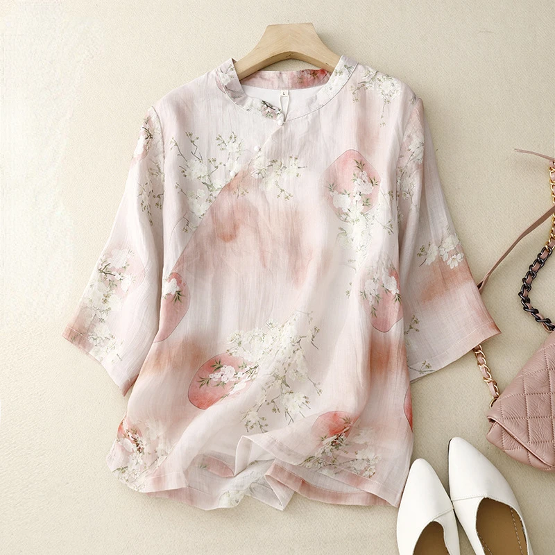 

New Summer Fashion Woman Blouse 2023 Printed Round Neck Conventional Sleeve Casual Buttons Shirts and Blouses for Women