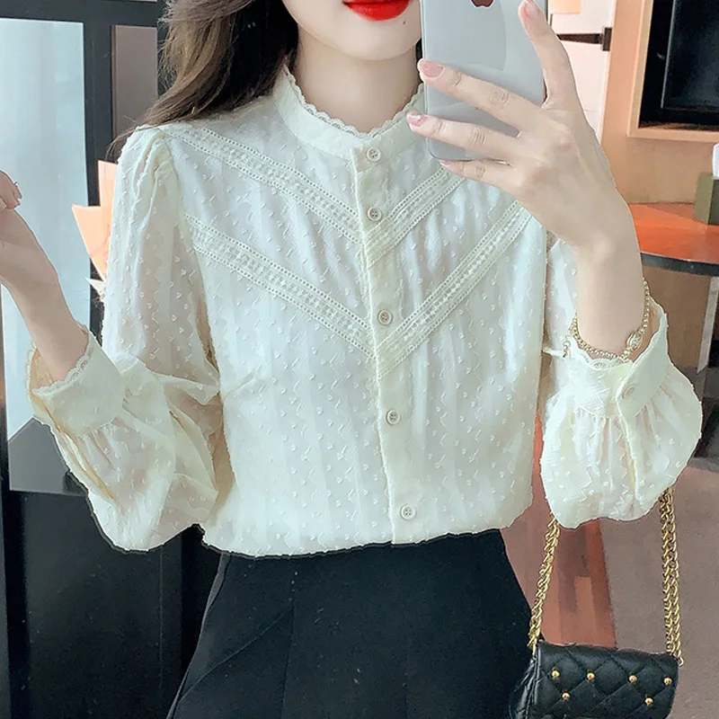 

Elegant Slim Lace Chiffon Shirt Female Fashion Blusas Dot Solid Women Blouses Stand Collar Long Sleeve Tops Women Clothing 24560