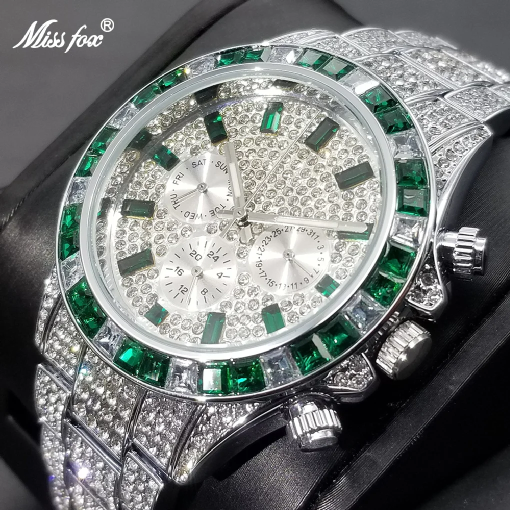 MISSFOX Green Full Daimond Men's Watches Luxury Iced Out Calendar Quartz Wristwatch Hip Hop Luminous Waterproof Clock Gift Male
MISSFOX Green Full Daimond Men's Watches Luxury Iced Out Calendar Quartz Wristwatch Hip Hop Luminous Waterproof Clock Gift Male