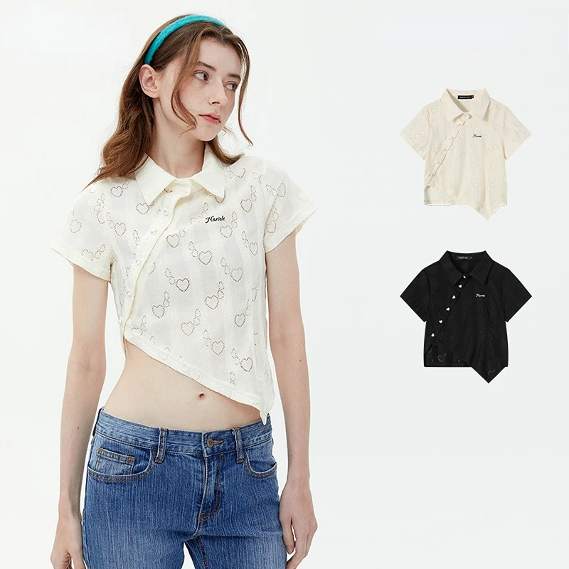 Hikigawa Chic Fashion Women Streetwear Casual Short Sleeve Iregular Turn Down Collar Shirts Vintage Hearts Print Crop Top Mujer
Hikigawa Chic Fashion Women Streetwear Casual Short Sleeve Iregular Turn Down Collar Shirts Vintage Hearts Print Crop Top Mujer