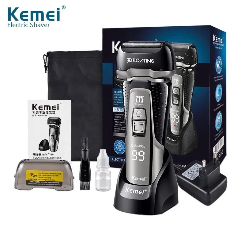 

Kemei KM-1531 Rechargeable Cordless Shaver For Men Twin Blade Reciprocating Washable Beard Razor With LCD
