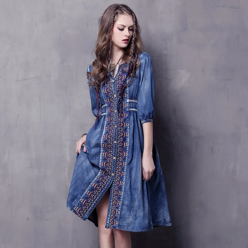 Women Summer Denim Dress V-neck Half Sleeves Tie Waist Embroidery Midi Blue Jean Dresses Loose Indie Folk Style Female Clothes
Women Summer Denim Dress V-neck Half Sleeves Tie Waist Embroidery Midi Blue Jean Dresses Loose Indie Folk Style Female Clothes