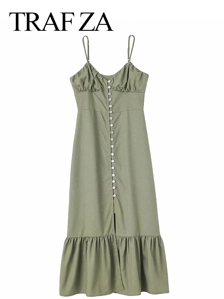 TRAF ZA Elegant Thin Strap Suspender Dress Solid Wrap Chest Pleated Fashion Clothes Button Slim Sexy Ruffled Long Dress Women
TRAF ZA Elegant Thin Strap Suspender Dress Solid Wrap Chest Pleated Fashion Clothes Button Slim Sexy Ruffled Long Dress Women