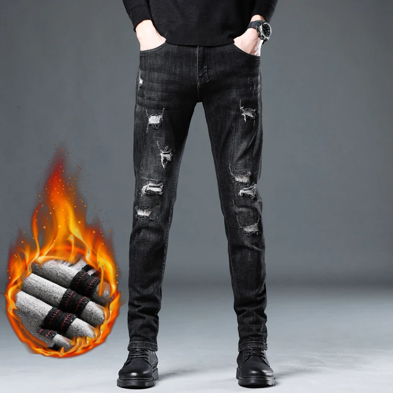 

Ripped Jeans For Men Thicken Winter Jeans Black Hip Hop Stretch Skinny Fit Distressed Streetwear Frayed Patched Denim Trousers