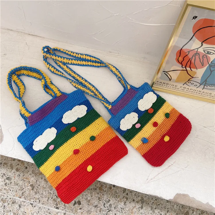 Women Fashion Rainbow Design Handbag Student Girls Heart Woven Shoulder Bag Panelled Ladies Wool Knitted Bag Small Messenger Bag
Women Fashion Rainbow Design Handbag Student Girls Heart Woven Shoulder Bag Panelled Ladies Wool Knitted Bag Small Messenger Bag