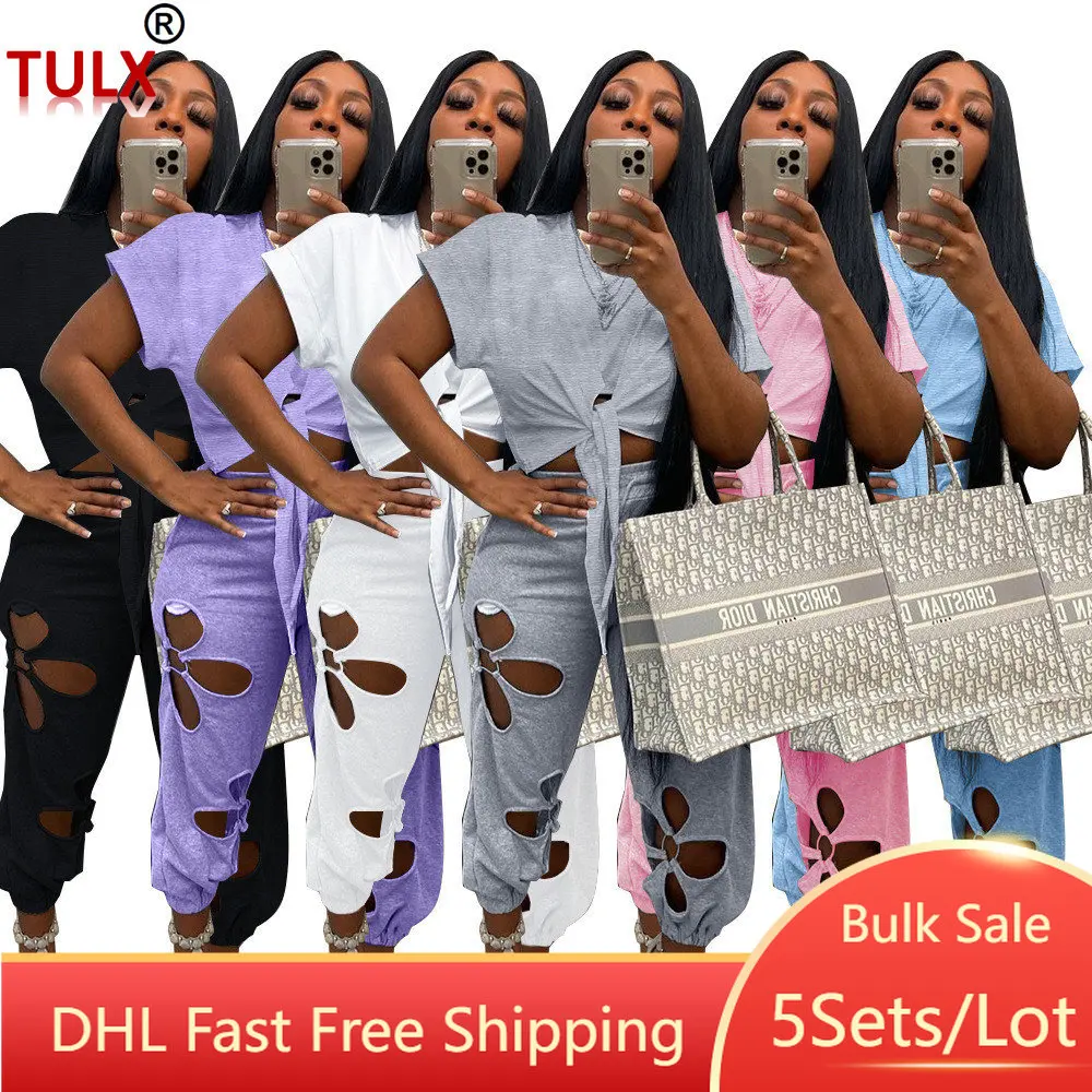 

5 комплектов Bluk оптовая продажа свободных повседневных нарядов Кружевной укороченный топ рубашка брюки с вырезами комплект из двух предметов женские летние брюки костюм 9551