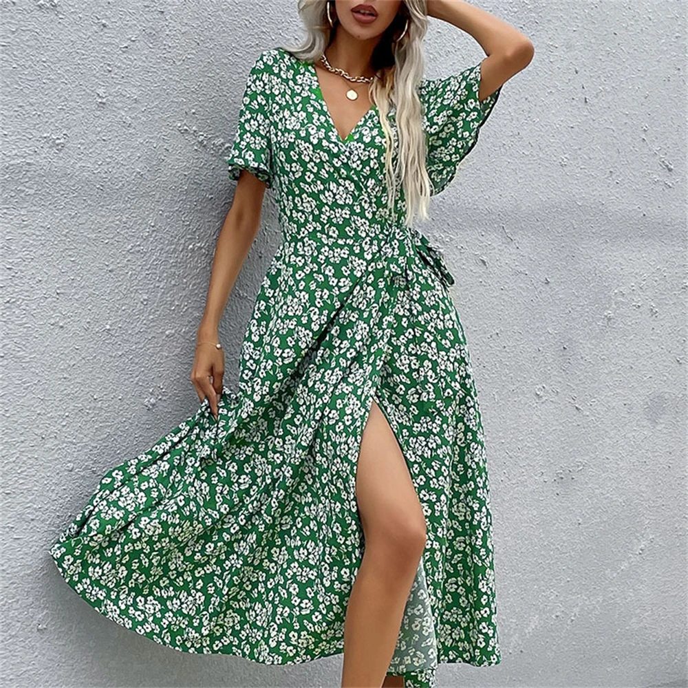 2022 Spring And Summer New Women Clothing Western Style Green Slim Floral Print Dress Sexy V Neck Belt SIde Slit Long Dresses
2022 Spring And Summer New Women Clothing Western Style Green Slim Floral Print Dress Sexy V Neck Belt SIde Slit Long Dresses