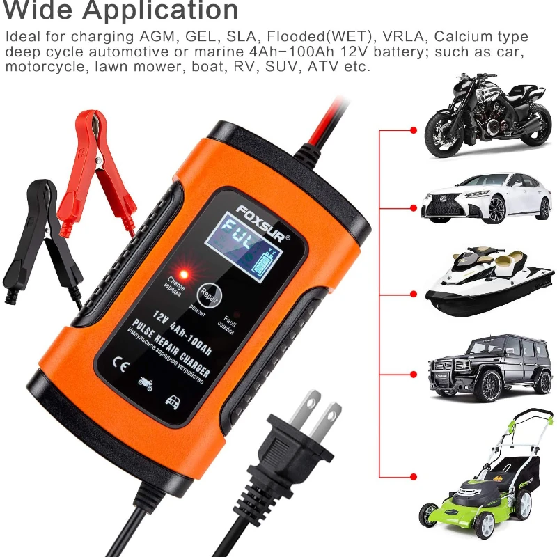 FOXSUR Battery Charger 12V 5A for Car 4Ah-100Ah AGM Deep Cycle Lead Acid Fully Automatic Motorcycle Pulse Repair Desulfator LCD
FOXSUR Battery Charger 12V 5A for Car 4Ah-100Ah AGM Deep Cycle Lead Acid Fully Automatic Motorcycle Pulse Repair Desulfator LCD