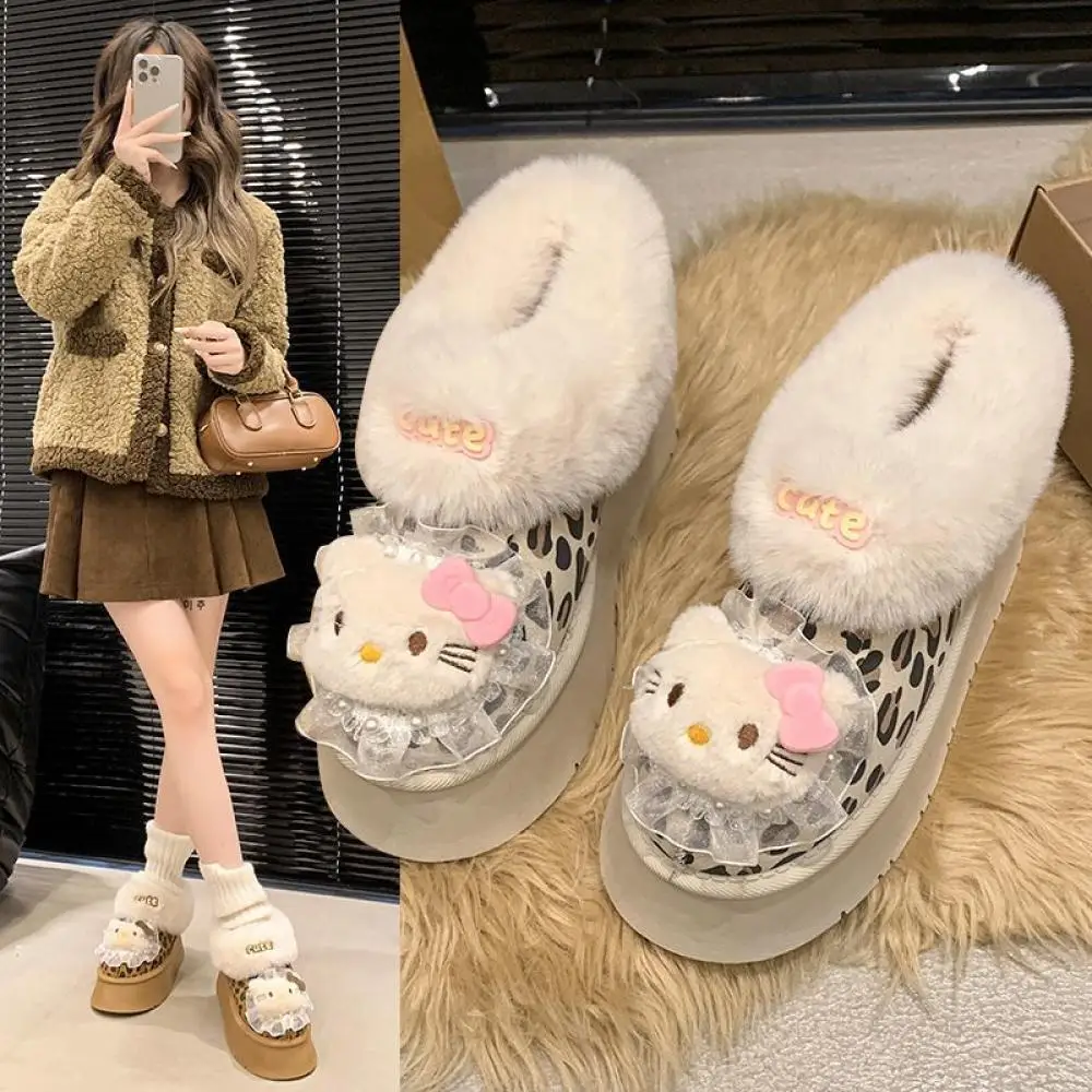 Зимняя теплая хлопковая обувь с леопардовым принтом в стиле аниме Hello Kitty милые