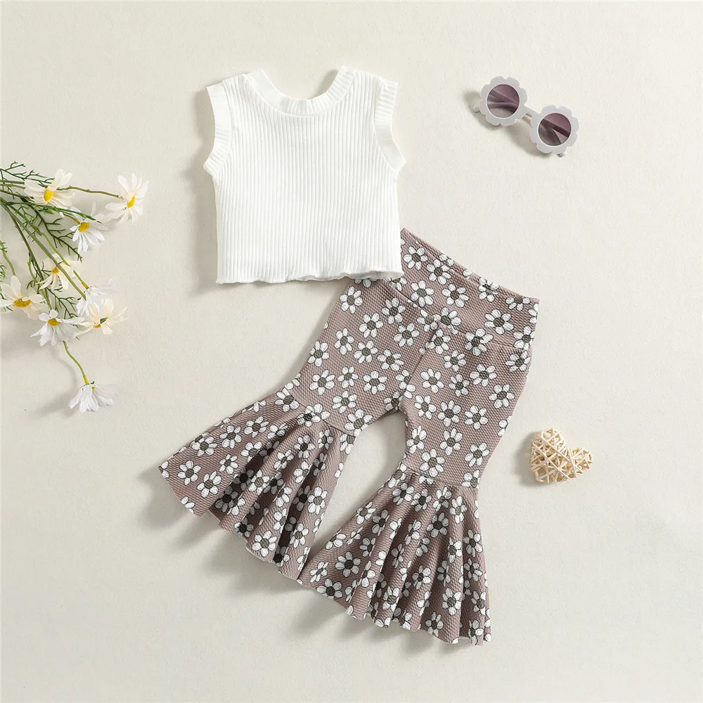 

Fashion Summer Girls Clothing Sets Solid Ribbed Knitted Sleeveless Tanks Tops+Floral Print Flare Long Pants Casual Outfits