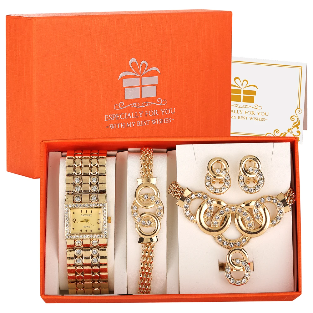 Luxury Golden Rectangle Quartz Wristwatch Jewelry Watch Set with Bracelet Necklace Earring Trendy Ladies Watches Present Box
Luxury Golden Rectangle Quartz Wristwatch Jewelry Watch Set with Bracelet Necklace Earring Trendy Ladies Watches Present Box