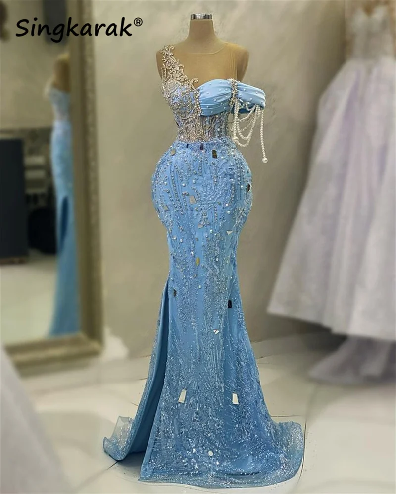 

Женское вечернее платье с юбкой годе, синее прозрачное Сетчатое платье с блестящими бусинами и искусственным жемчугом, платье для свадебно...