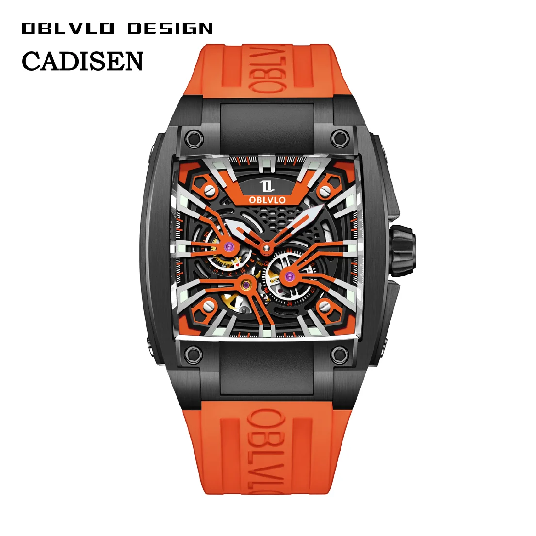 

OBLVLO Automatic Mechanical Watch Skeleton Sport For Men Orange Rubber Strap Sapphire Waterproof Luminous 44mm Dial Wristwatch