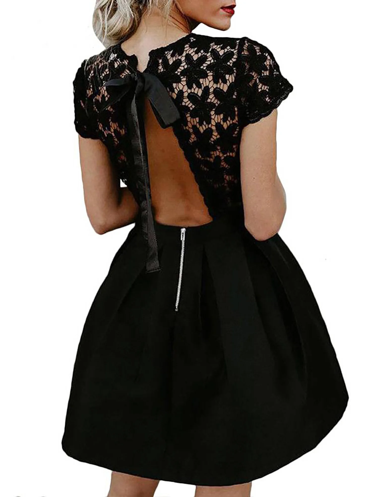 Fashion Women Sexy Backless Dress Summer Short Sleeve Lace Stitching Party Dress All Black Hollow Out Ladies Evening Mini Dress
Fashion Women Sexy Backless Dress Summer Short Sleeve Lace Stitching Party Dress All Black Hollow Out Ladies Evening Mini Dress