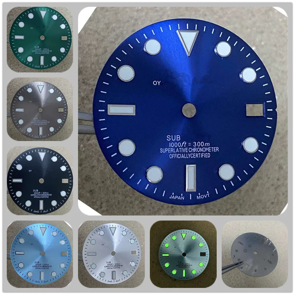 

28.5mm Oyster Dial Green Luminous for SUB SKX007 Watch Dial Round Nails Nh35 Dial S Logo Nh36 Movement Dials Calendar Accessory