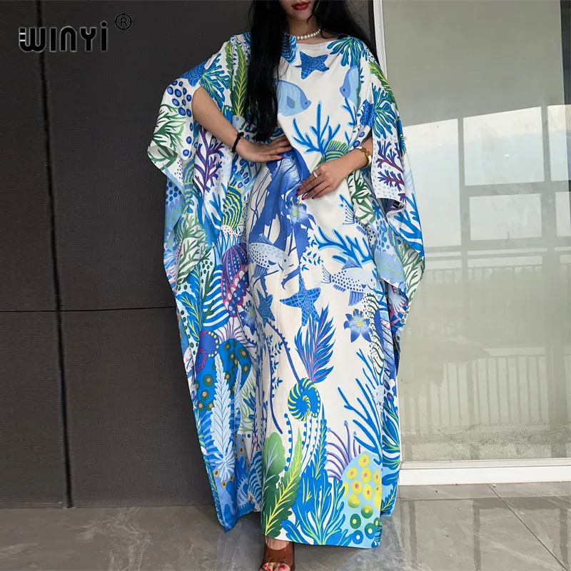 

WINYI 2023 Новинка африканская мода Бохо популярный Шелковый кафтан с принтом летнее пляжное богемное длинное платье кафтан для женщин